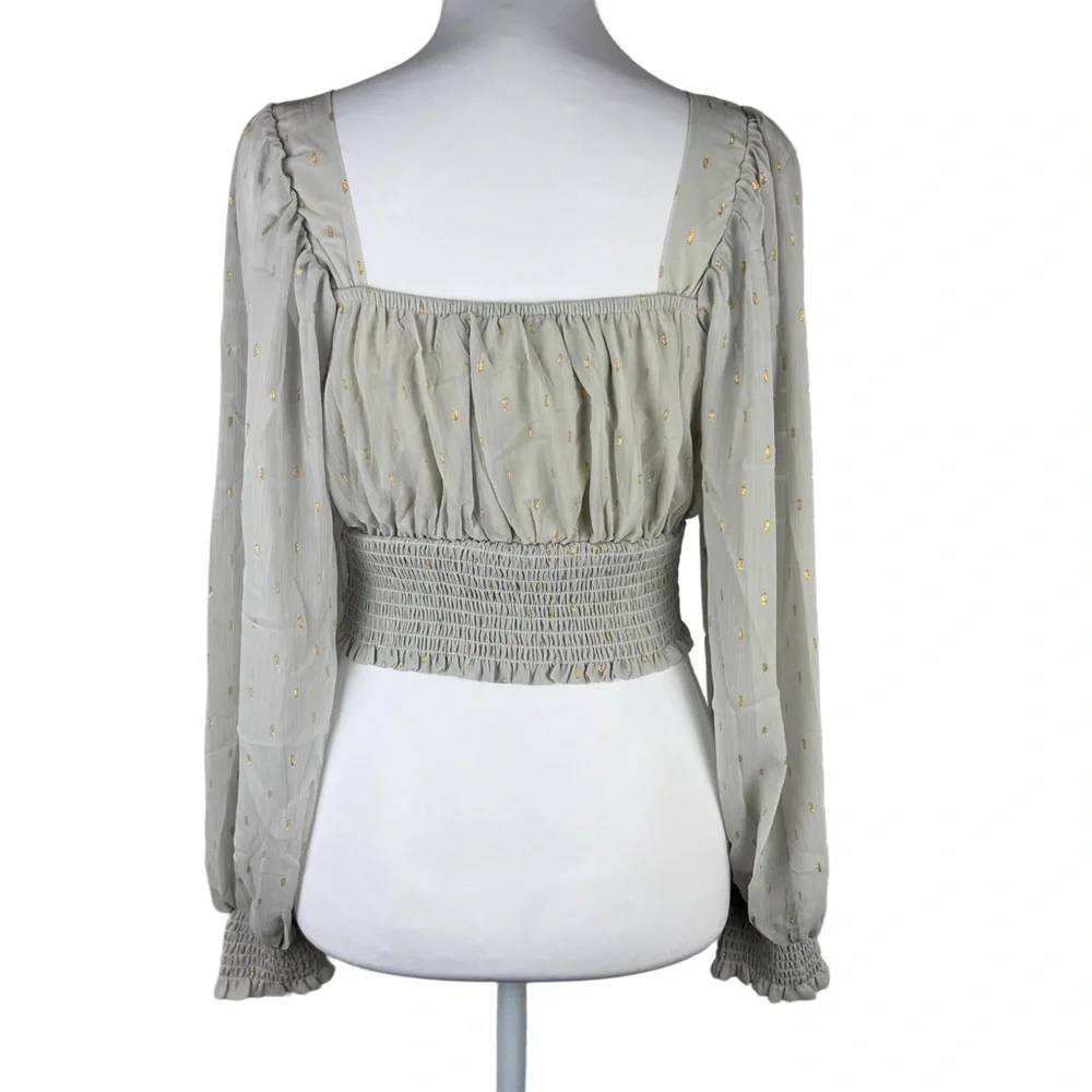 By The River Smocked Crop Top Small Square Neck Puff Sleeve Blouse Gray Gold Dot